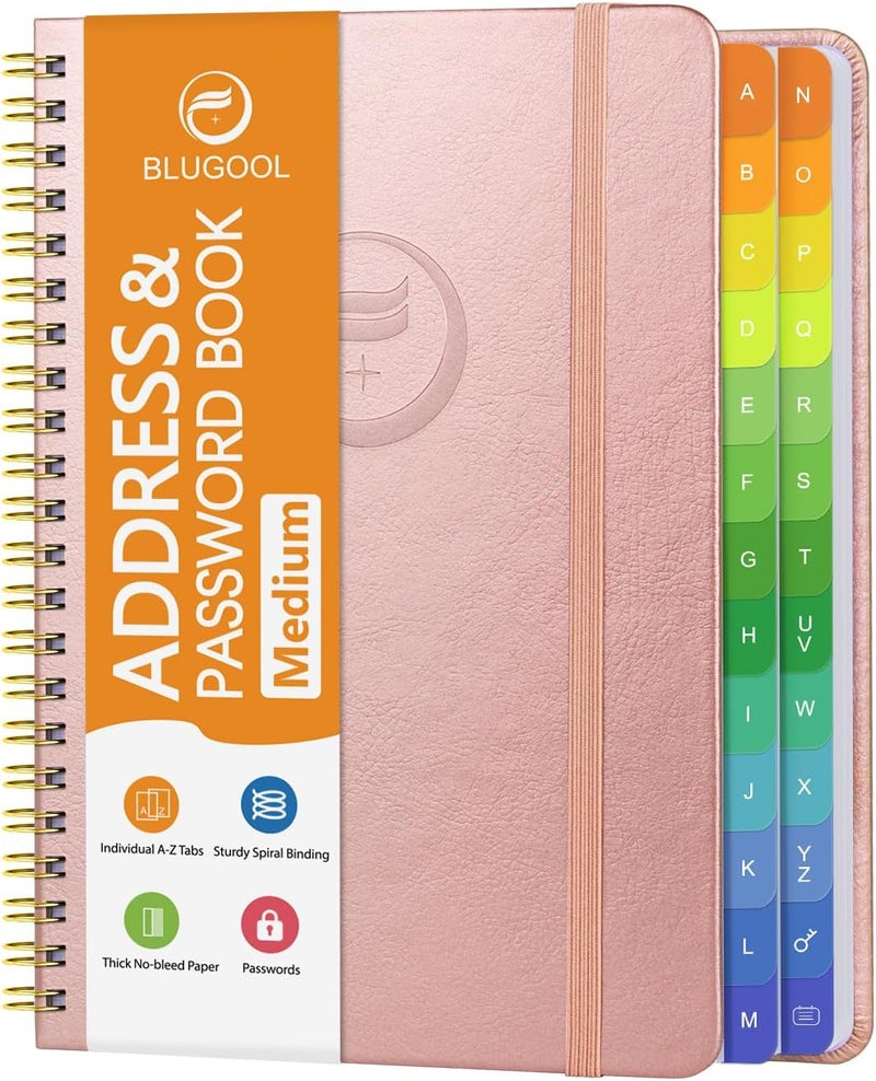 Blugool Address Book with Alphabetical Tabs-Address and Password Book for Seniors - Hardcover Spiral Bound Phone Book- Record Contacts, Website Login Passwords, Special Days -5.7" x 7.7", Rose Gold - Image 1